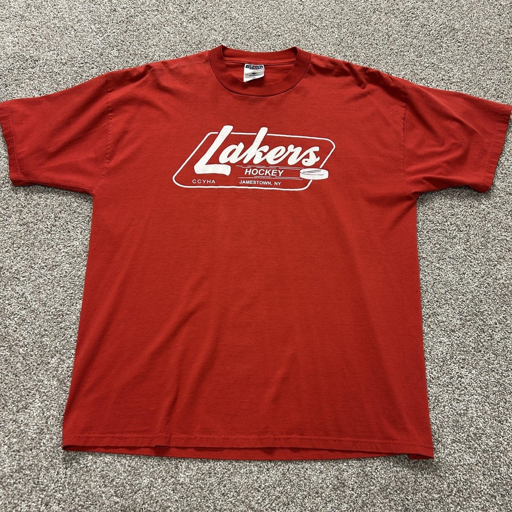 Vintage Lakers Shirt Mens XL Red Hockey Jerzees CCYHA Jamestown NY Tee